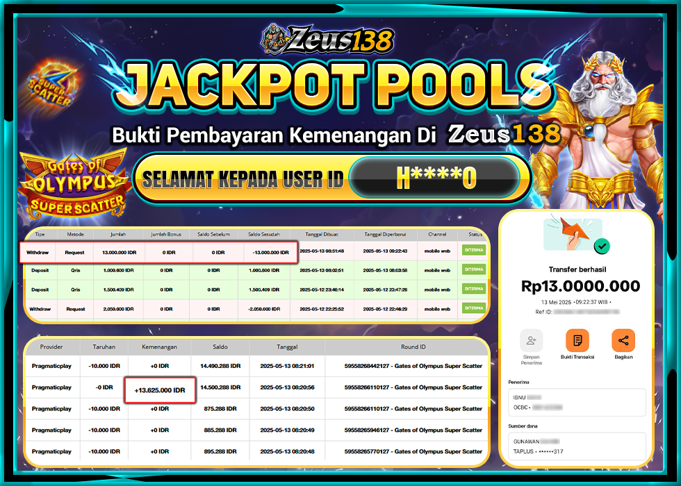 ZEUS138 GATES OF OLYMPUS SUPER SCATTER Rp.13.000.000,- LUNAS